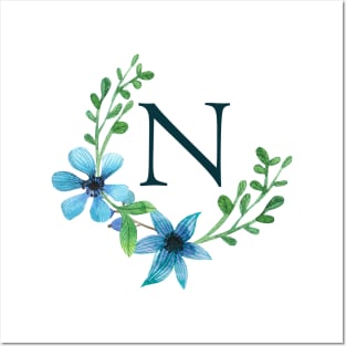 Floral Monogram N Pretty Blue Flowers Posters and Art